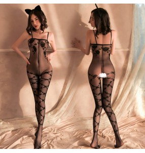 FEE ET MOI - Rose Open Crotch Bodystocking (Black)